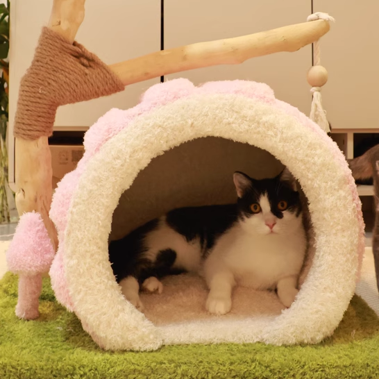Contemporary Creative Round Multi-Layer Solid Wood Panel Natural Fruitwood Velvet Fabric Sisal Cat Tree 2-Tier For Living Room