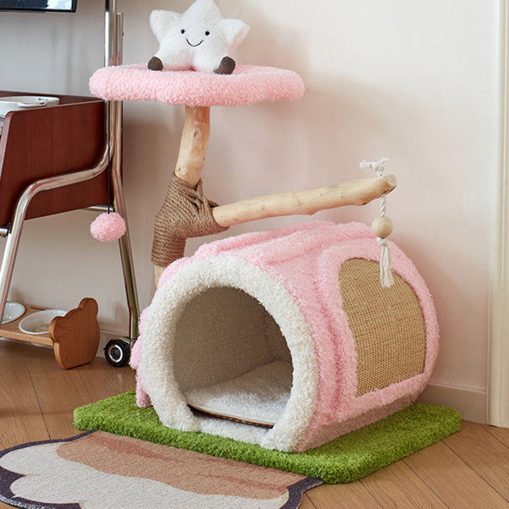 Contemporary Creative Round Multi-Layer Solid Wood Panel Natural Fruitwood Velvet Fabric Sisal Cat Tree 2-Tier For Living Room