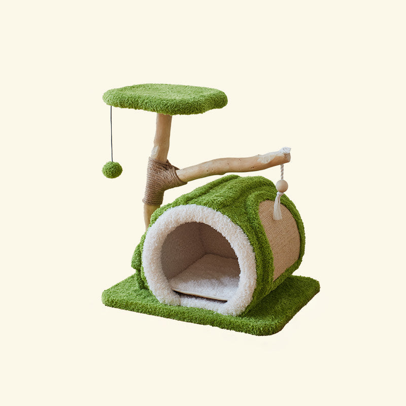 Contemporary Creative Round Multi-Layer Solid Wood Panel Natural Fruitwood Velvet Fabric Sisal Cat Tree 2-Tier For Living Room