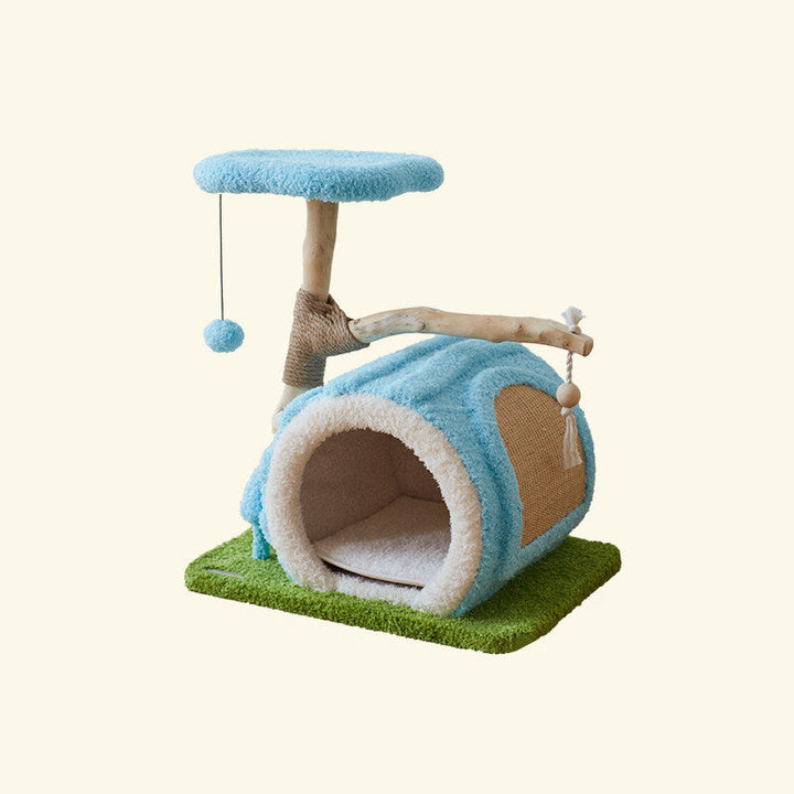 Contemporary Creative Round Multi-Layer Solid Wood Panel Natural Fruitwood Velvet Fabric Sisal Cat Tree 2-Tier For Living Room
