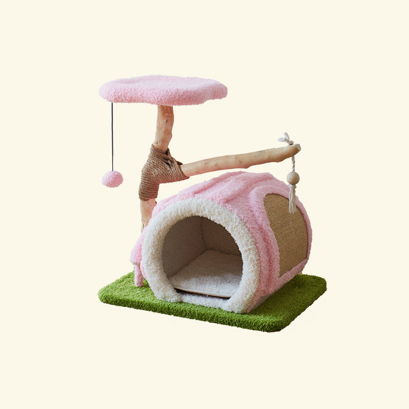 Contemporary Creative Round Multi-Layer Solid Wood Panel Natural Fruitwood Velvet Fabric Sisal Cat Tree 2-Tier For Living Room