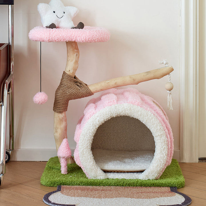 Contemporary Creative Round Multi-Layer Solid Wood Panel Natural Fruitwood Velvet Fabric Sisal Cat Tree 2-Tier For Living Room