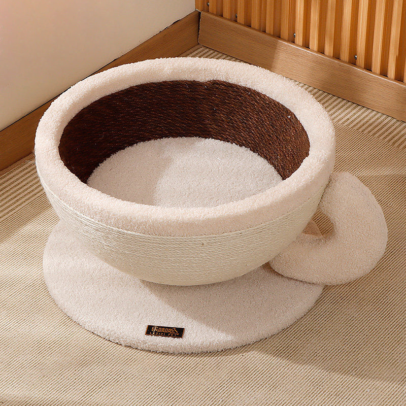 Contemporary Creative Round Medium-Density Fiberboard Velvet Fabric Sisal Coffee Cup Cat Bed For Bedroom