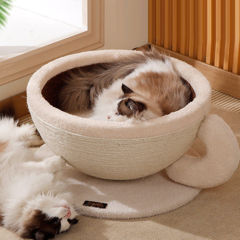 Contemporary Creative Round Medium-Density Fiberboard Velvet Fabric Sisal Coffee Cup Cat Bed For Bedroom
