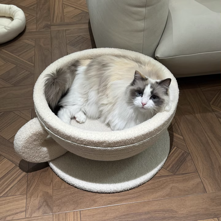Contemporary Creative Round Medium-Density Fiberboard Velvet Fabric Sisal Coffee Cup Cat Bed For Bedroom