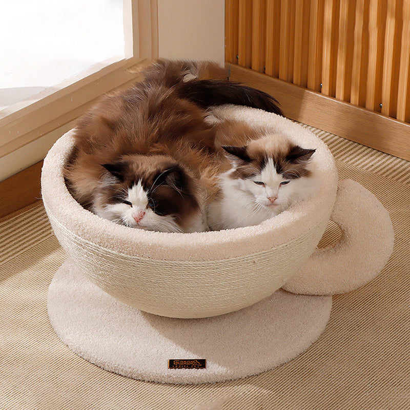 Contemporary Creative Round Medium-Density Fiberboard Velvet Fabric Sisal Coffee Cup Cat Bed For Bedroom