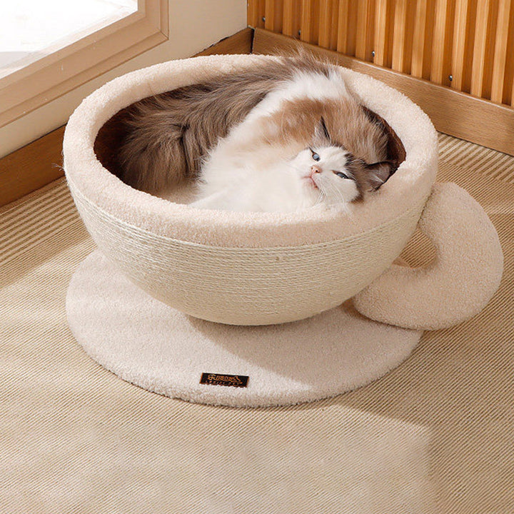 Contemporary Creative Round Medium-Density Fiberboard Velvet Fabric Sisal Coffee Cup Cat Bed For Bedroom