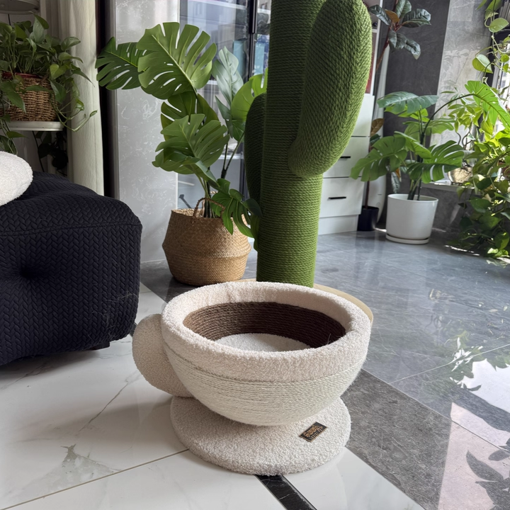 Contemporary Creative Round Medium-Density Fiberboard Velvet Fabric Sisal Coffee Cup Cat Bed For Bedroom