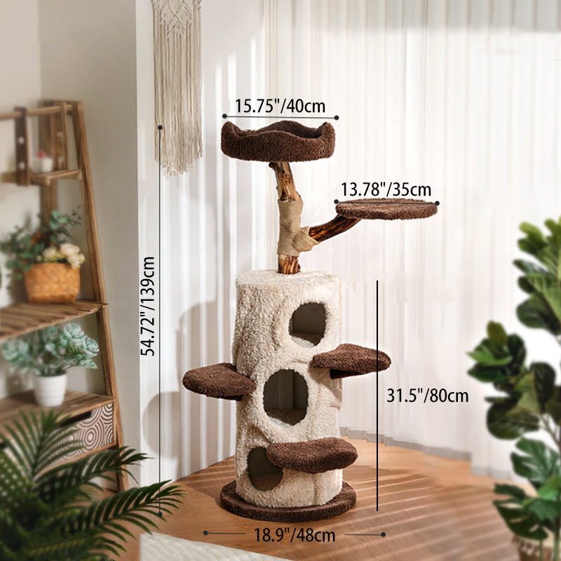 Contemporary Creative Round Particleboard Solid Wood Pillar Velvet Fabric Hemp Rope Cat Tree 6/7-Tier For Living Room