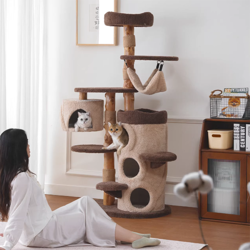 Contemporary Creative Round Particleboard Solid Wood Pillar Velvet Fabric Hemp Rope Cat Tree 6/7-Tier For Living Room