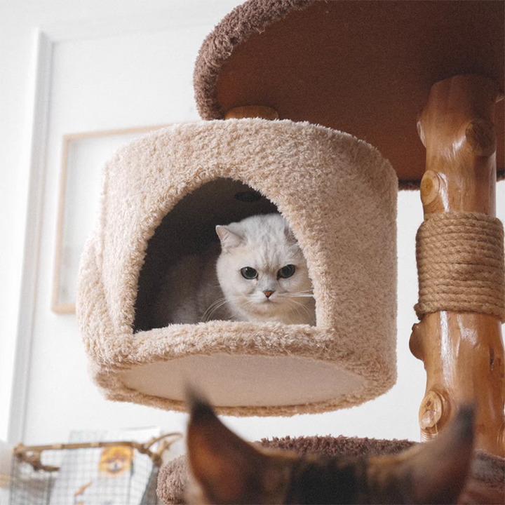 Contemporary Creative Round Particleboard Solid Wood Pillar Velvet Fabric Hemp Rope Cat Tree 6/7-Tier For Living Room