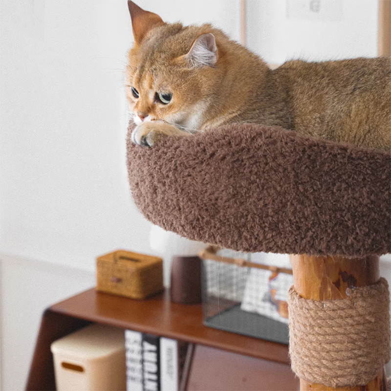 Contemporary Creative Round Particleboard Solid Wood Pillar Velvet Fabric Hemp Rope Cat Tree 6/7-Tier For Living Room