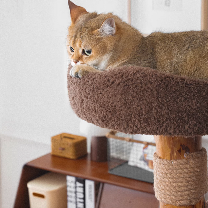 Contemporary Creative Round Particleboard Solid Wood Pillar Velvet Fabric Hemp Rope Cat Tree 6/7-Tier For Living Room