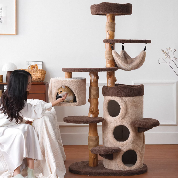 Contemporary Creative Round Particleboard Solid Wood Pillar Velvet Fabric Hemp Rope Cat Tree 6/7-Tier For Living Room