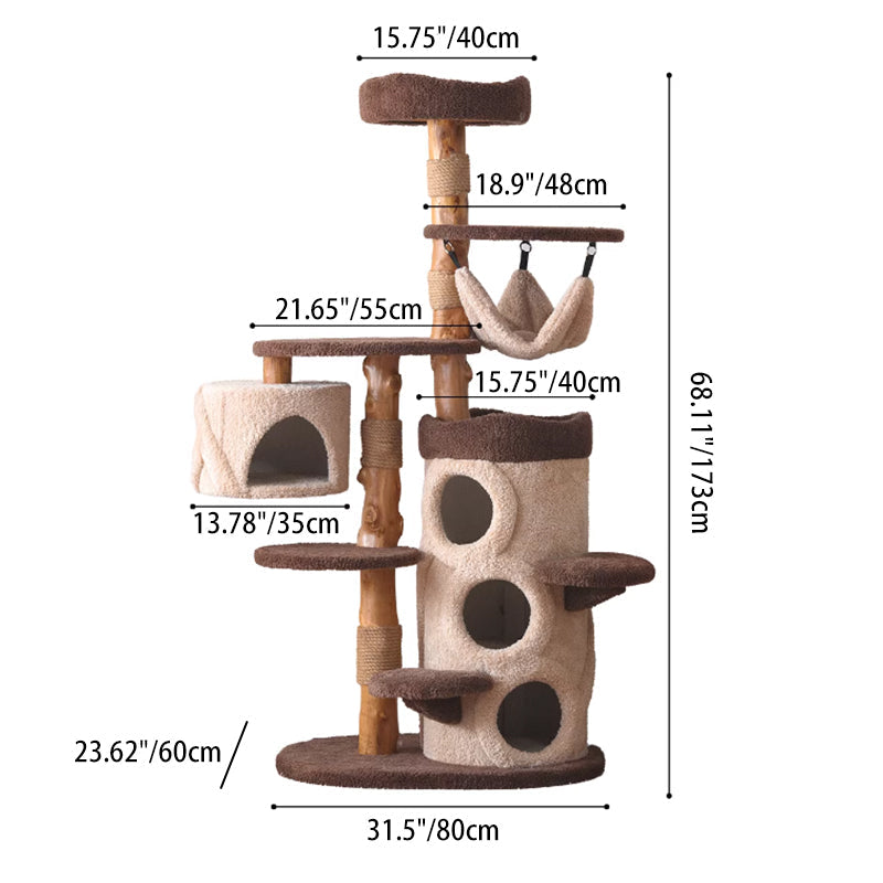 Contemporary Creative Round Particleboard Solid Wood Pillar Velvet Fabric Hemp Rope Cat Tree 6/7-Tier For Living Room