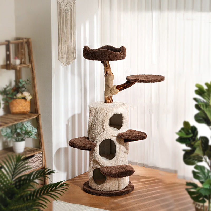 Contemporary Creative Round Particleboard Solid Wood Pillar Velvet Fabric Hemp Rope Cat Tree 6/7-Tier For Living Room