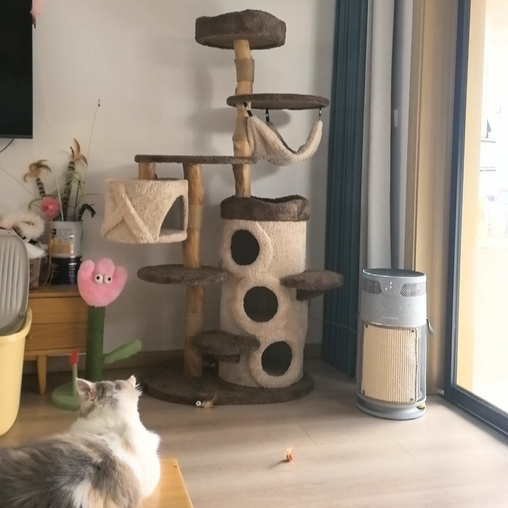 Contemporary Creative Round Particleboard Solid Wood Pillar Velvet Fabric Hemp Rope Cat Tree 6/7-Tier For Living Room
