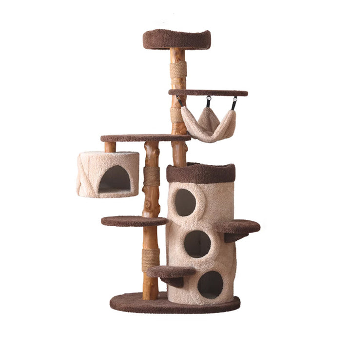 Contemporary Creative Round Particleboard Solid Wood Pillar Velvet Fabric Hemp Rope Cat Tree 6/7-Tier For Living Room