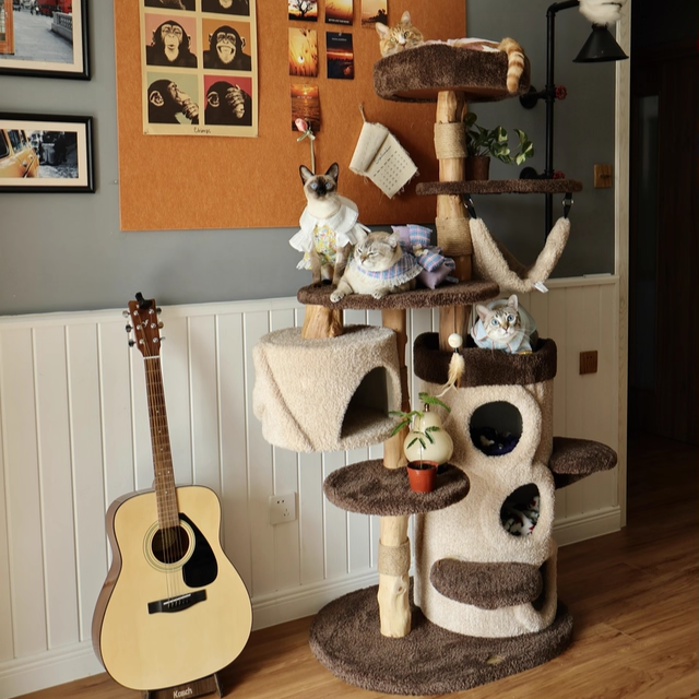 Contemporary Creative Round Particleboard Solid Wood Pillar Velvet Fabric Hemp Rope Cat Tree 6/7-Tier For Living Room