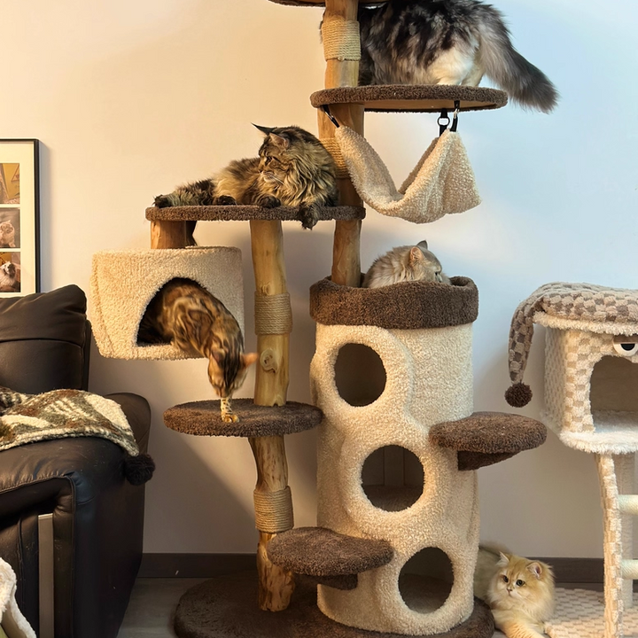 Contemporary Creative Round Particleboard Solid Wood Pillar Velvet Fabric Hemp Rope Cat Tree 6/7-Tier For Living Room
