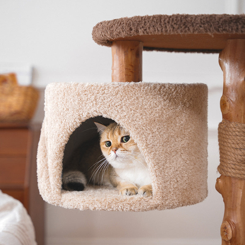 Contemporary Creative Round Particleboard Solid Wood Pillar Velvet Fabric Hemp Rope Cat Tree 6/7-Tier For Living Room