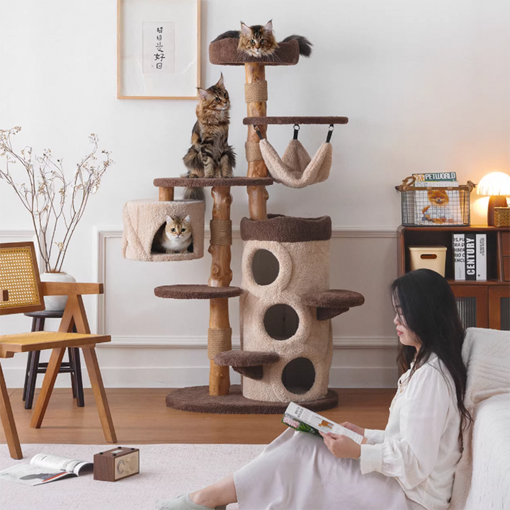 Contemporary Creative Round Particleboard Solid Wood Pillar Velvet Fabric Hemp Rope Cat Tree 6/7-Tier For Living Room