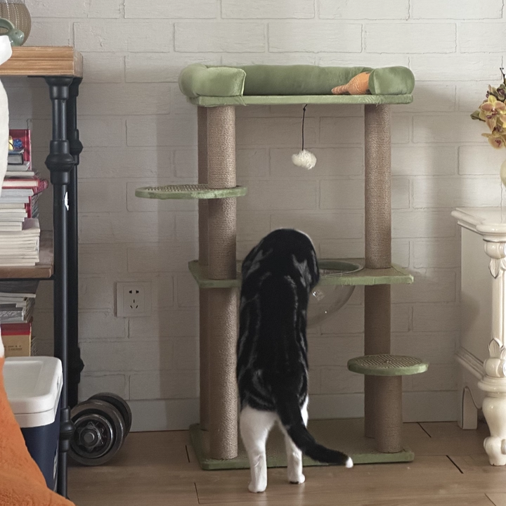 Contemporary Scandinavian Rectangular Particleboard Velvet Fabric Sisal Cat Tree 3-Perch For Bedroom