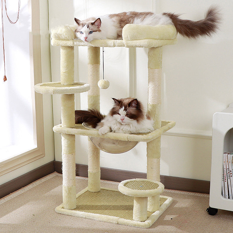 Contemporary Scandinavian Rectangular Particleboard Velvet Fabric Sisal Cat Tree 3-Perch For Bedroom