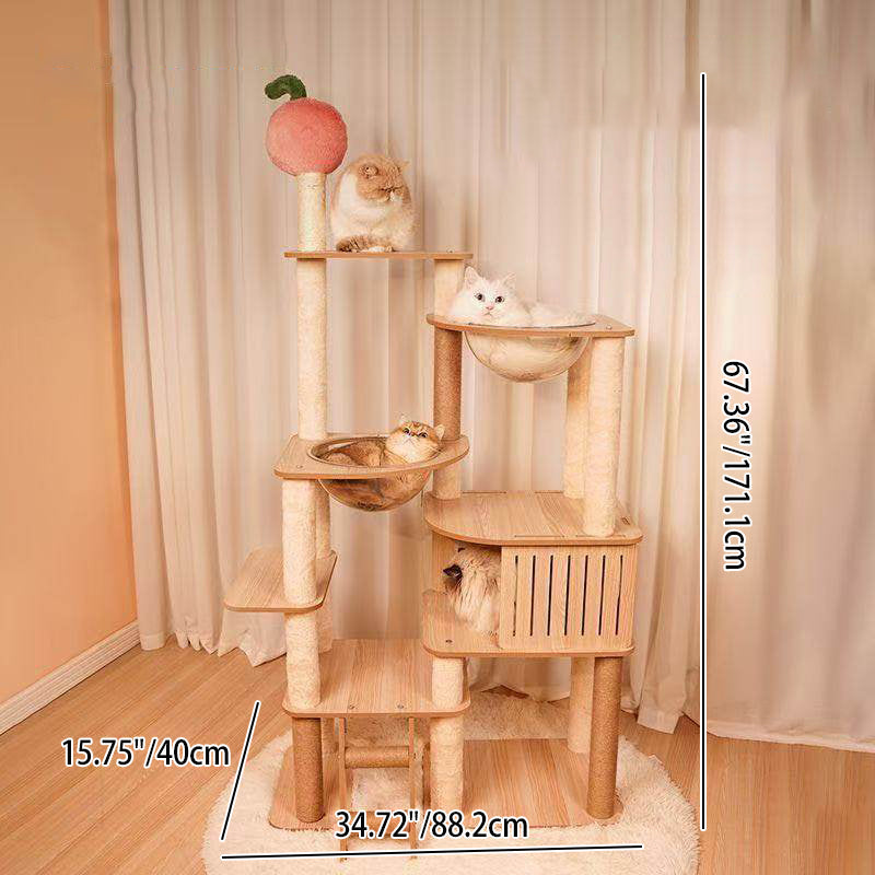 Contemporary Scandinavian Rectangular Medium-Density Fiberboard Velvet Fabric Hemp Rope Acrylic Cat Tree 3-Condo 4-Perch For Bedroom