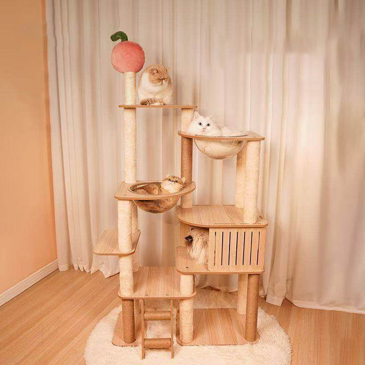 Contemporary Scandinavian Rectangular Medium-Density Fiberboard Velvet Fabric Hemp Rope Acrylic Cat Tree 3-Condo 4-Perch For Bedroom
