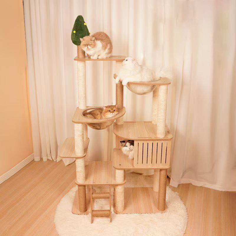 Contemporary Scandinavian Rectangular Medium-Density Fiberboard Velvet Fabric Hemp Rope Acrylic Cat Tree 3-Condo 4-Perch For Bedroom