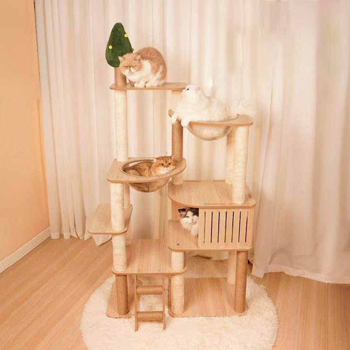 Contemporary Scandinavian Rectangular Medium-Density Fiberboard Velvet Fabric Hemp Rope Acrylic Cat Tree 3-Condo 4-Perch For Bedroom