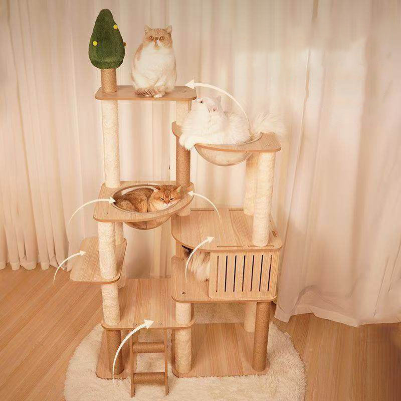 Contemporary Scandinavian Rectangular Medium-Density Fiberboard Velvet Fabric Hemp Rope Acrylic Cat Tree 3-Condo 4-Perch For Bedroom
