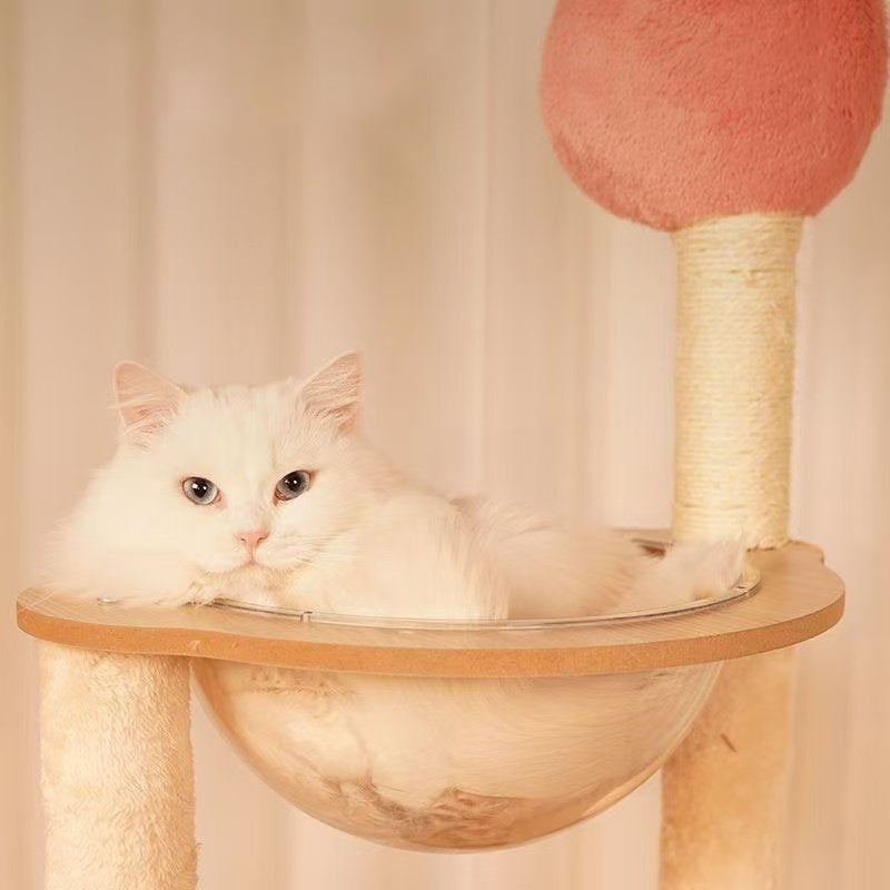 Contemporary Scandinavian Rectangular Medium-Density Fiberboard Velvet Fabric Hemp Rope Acrylic Cat Tree 3-Condo 4-Perch For Bedroom
