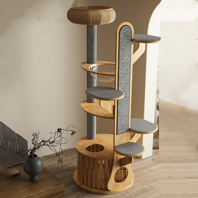 Modern Minimalist MDF Felt Round Cat Tree &amp; Condo 3-Condo 4-Perche 1-Scratching Board For Living Room