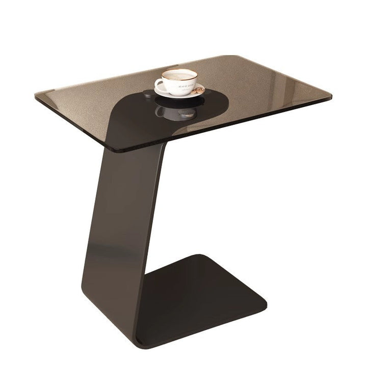Modern Minimalist Tempered Glass &amp; Carbon Steel Rectangular C-Shaped End Table With 2-Tier Design For Living Room And Bedroom