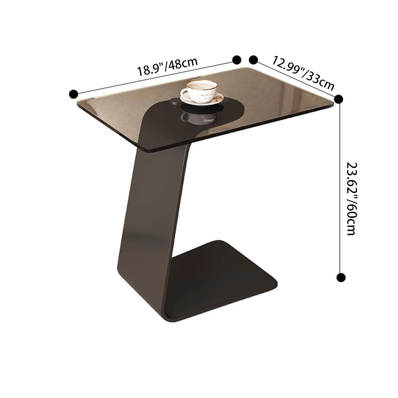 Modern Minimalist Tempered Glass &amp; Carbon Steel Rectangular C-Shaped End Table With 2-Tier Design For Living Room And Bedroom
