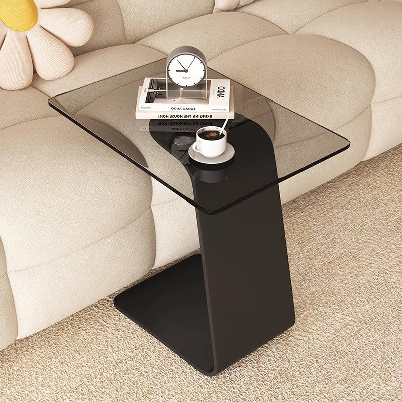 Modern Minimalist Tempered Glass &amp; Carbon Steel Rectangular C-Shaped End Table With 2-Tier Design For Living Room And Bedroom