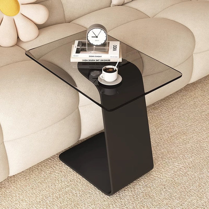 Modern Minimalist Tempered Glass &amp; Carbon Steel Rectangular C-Shaped End Table With 2-Tier Design For Living Room And Bedroom