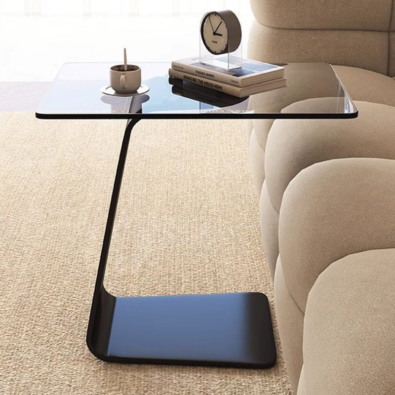 Modern Minimalist Tempered Glass &amp; Carbon Steel Rectangular C-Shaped End Table With 2-Tier Design For Living Room And Bedroom