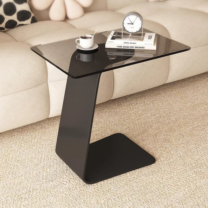Modern Minimalist Tempered Glass &amp; Carbon Steel Rectangular C-Shaped End Table With 2-Tier Design For Living Room And Bedroom