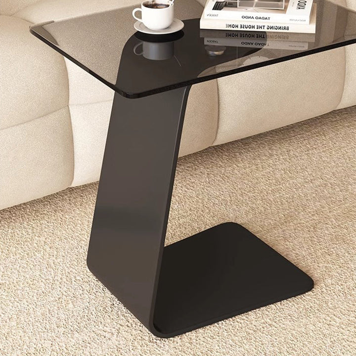 Modern Minimalist Tempered Glass &amp; Carbon Steel Rectangular C-Shaped End Table With 2-Tier Design For Living Room And Bedroom