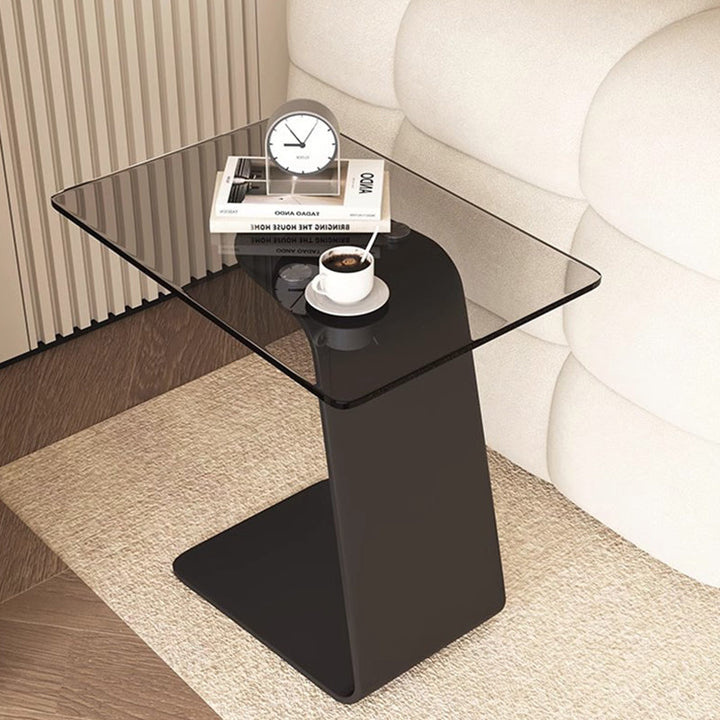 Modern Minimalist Tempered Glass &amp; Carbon Steel Rectangular C-Shaped End Table With 2-Tier Design For Living Room And Bedroom