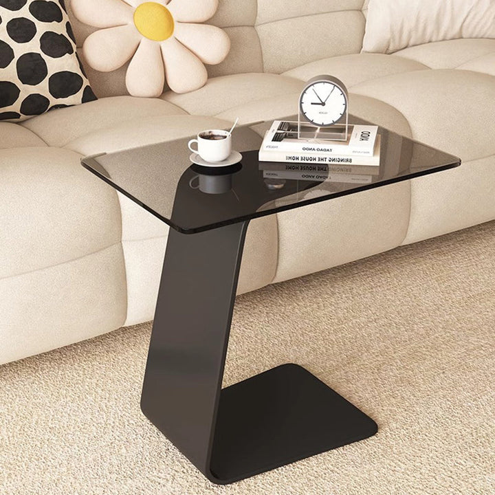 Modern Minimalist Tempered Glass &amp; Carbon Steel Rectangular C-Shaped End Table With 2-Tier Design For Living Room And Bedroom