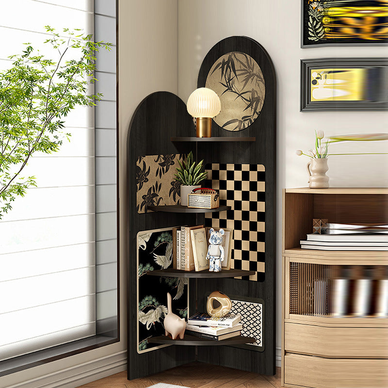 Traditional Chinese Double-Arched Shape MDF Corner Shelf Unit 4-Tier For Living Room