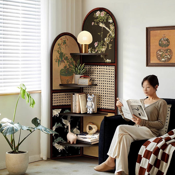 Traditional Chinese Double-Arched Shape MDF Corner Shelf Unit 4-Tier For Living Room