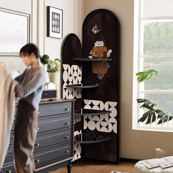 Traditional Chinese Double-Arched Shape MDF Corner Shelf Unit 4-Tier For Living Room