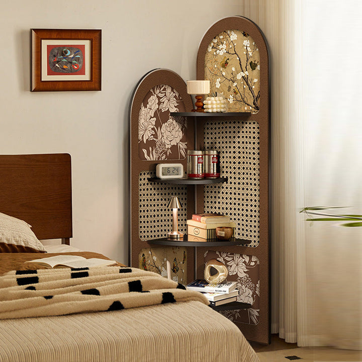 Traditional Chinese Double-Arched Shape MDF Corner Shelf Unit 4-Tier For Living Room
