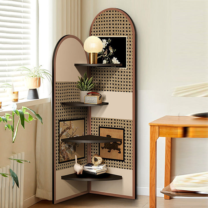 Traditional Chinese Double-Arched Shape MDF Corner Shelf Unit 4-Tier For Living Room