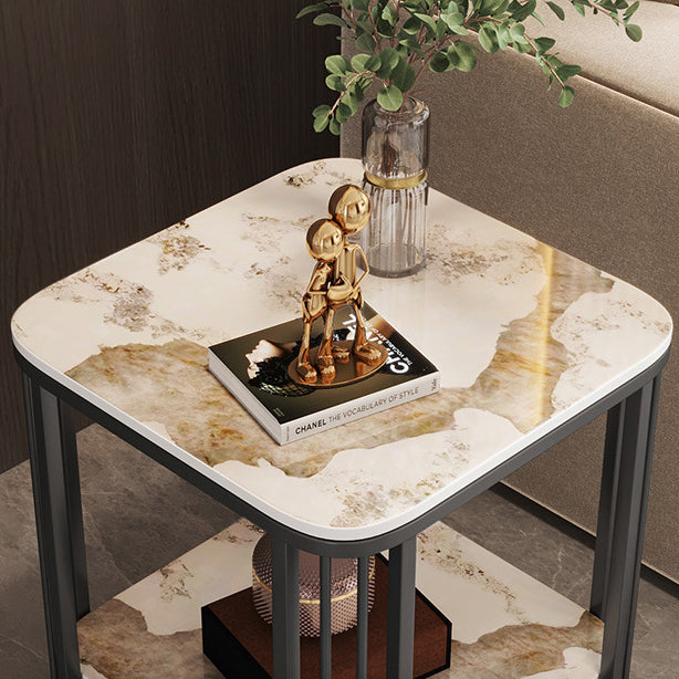 Contemporary Luxury Square Stone Slab Carbon Steel End Table 2-Tier For Living Room